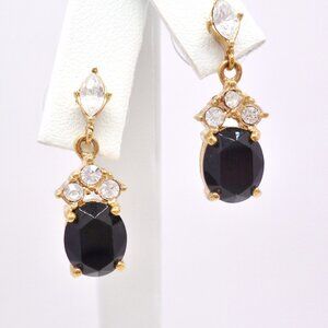 Roman Signed Earrings Black Dangles Rhinestones Signed Feminine 1" Perfect Cond